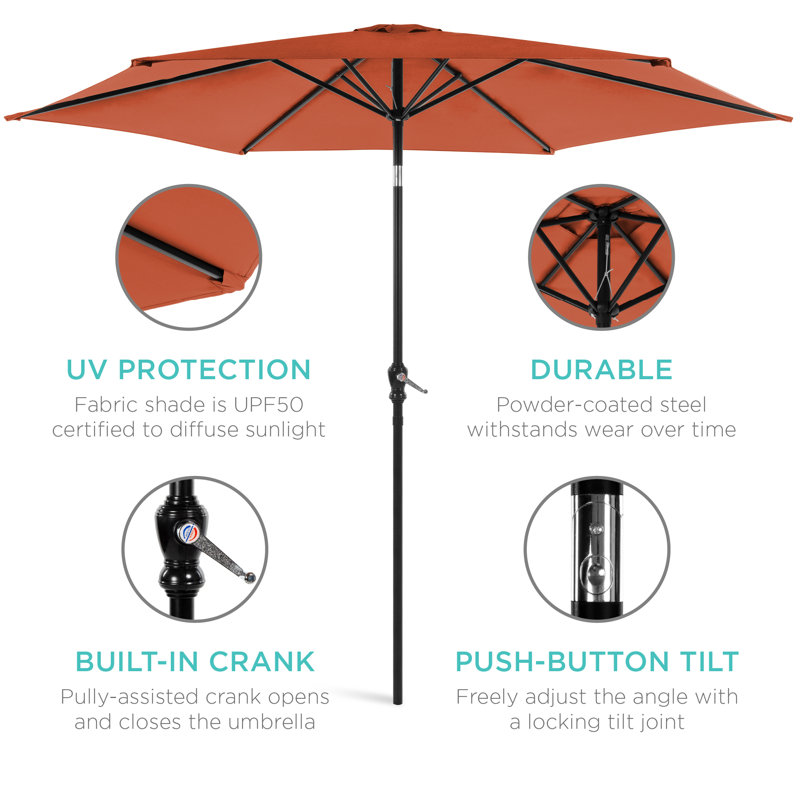Parasol de marché extérieur en acier 10 pi avec manivelle Shovon, bouton-poussoir inclinable, 6 baleines, rouille
