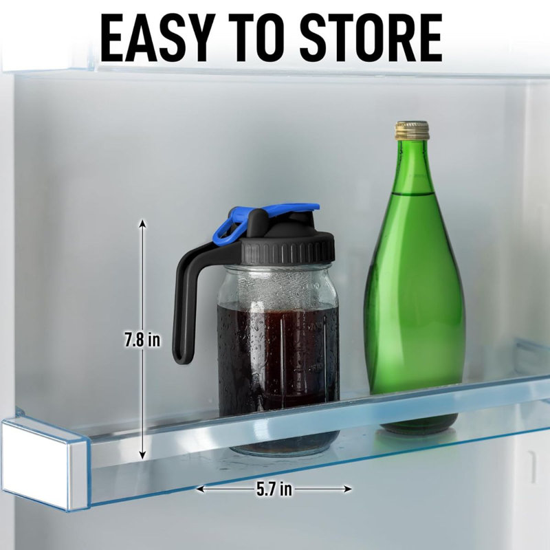 Zulay 32oz Cold Brew Maker - Mason Jar Glass, Leak-Proof Lid, Fine-Mesh Stainless Steel Filter, Blue/Black, 4 Cups