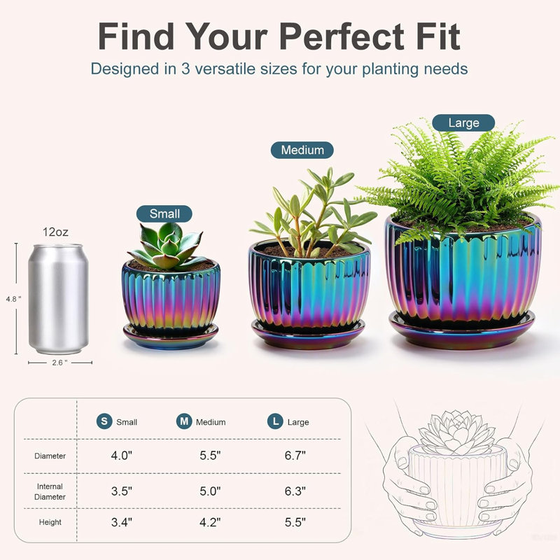 Ensemble de 3 pots de fleurs en céramique avec trou de drainage et soucoupe, pots de fleurs d'intérieur côtelés violets faits à la main