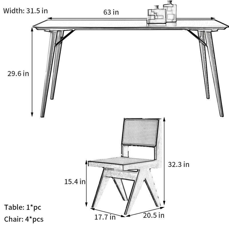 Modern Minimalist         Slate Dining Set, Black, 29.6" H x 31.5" W x 63" L