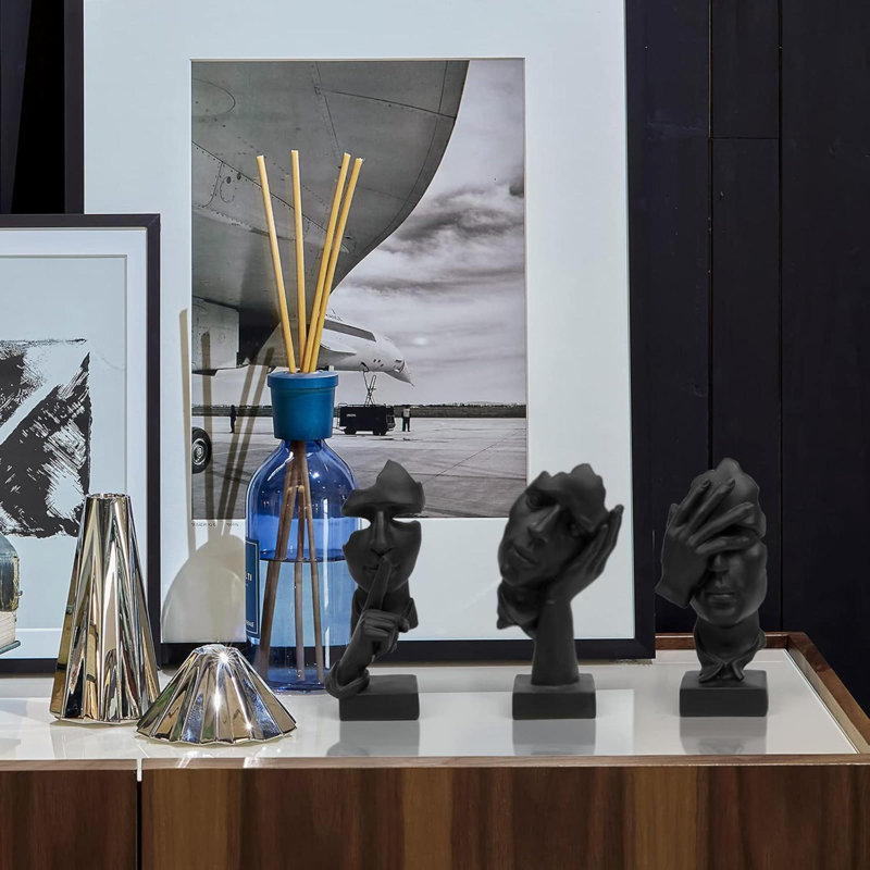 3 Pcs Thinker Statue, Silence Is Gold Abstract Art Figurine, No Hear No See No Speak Modern Home Resin Sculptures Decorative Objects Decor For Home Office Bookshelf Desktop(Black) (A-41)