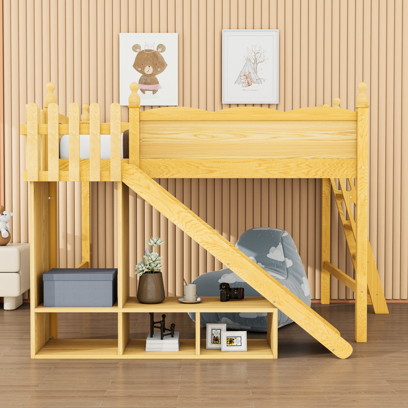 Lit mezzanine en bois avec tablettes, toboggan et échelle, Grand, Naturel