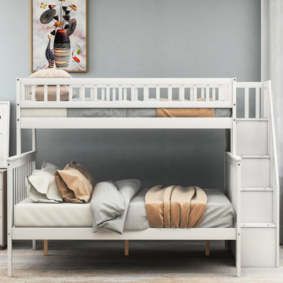 Twin Over Full Stairway Bunk Bed, White - Pine Wood & Effective Storage Bed In Solid Organized