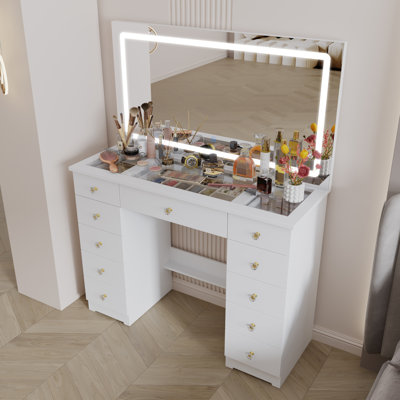 Modern Makeup Vanity With LED Lights And Glass Top - Stylish 9-Drawer Beauty Table