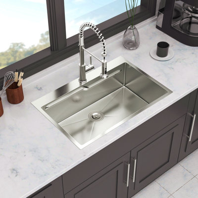 33" Drop In Kitchen Sink - 33*22 Inch Kitchen Sink Drop-In Topmount Single Bowl 16 Gauge Stainless Steel Ledge Workstation Kitchen Sinks