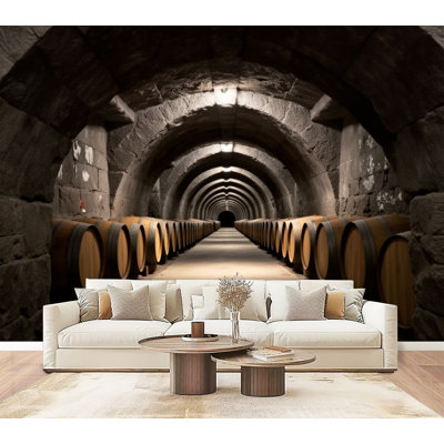 Peel and Stick Wallpaper Rustic Wine Cellar Tunnel Wooden Barrels Stone Arch Home Bar Club Wall Murals 69"H x 96"W Removable PVC Wall Paper Self-Adhesive Wall Decor for Bedroom Living Room Home Office