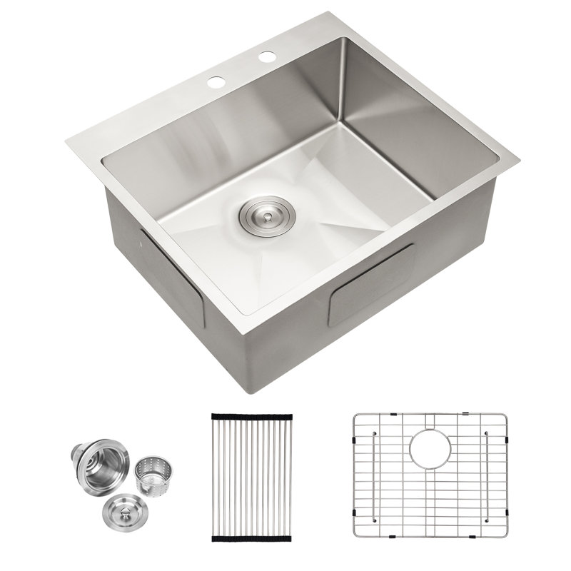 Stainless Steel 25" L x 22" W Drop-In Kitchen Bar Sink Single Bowl Topmount Kitchen Sink with Two Faucet Holes