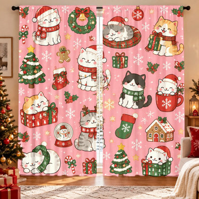 2Pcs cute Christmas cat print, whimsical holiday design, light filtering, rod pocket, machine washable, suitable for living room, bedroom, kids, home decor, festive accent curtains