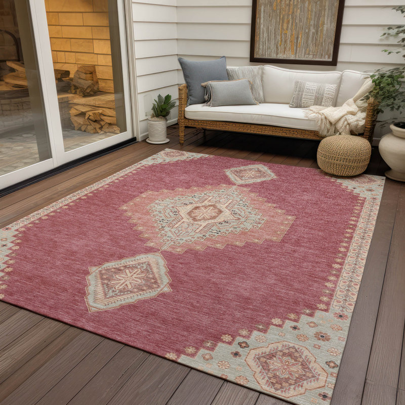 Beige and Pink Synthetic Medallion Washable Rug