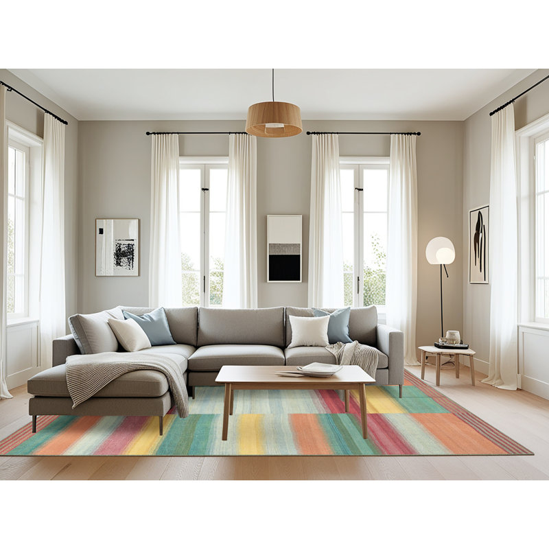 Tapis de zone rouge/vert/orange contemporaine, Rectangle 8 pi x 12 pi