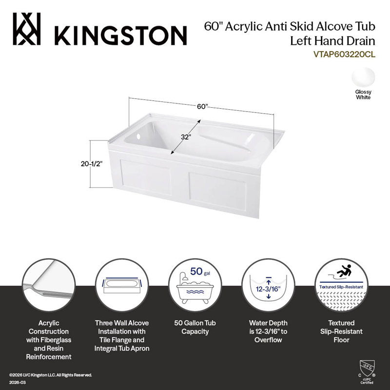 Kingston Brass Aqua Eden 60-Inch Acrylic Rectangular 3-Wall Alcove Tub with Anti Skid and Drain Hole, Left