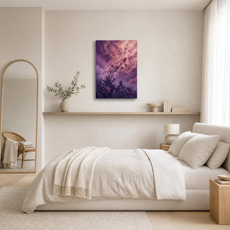 Art sur toile, plantes et feuilles tourbillonnantes mauves, H 36 po x l 24 po
