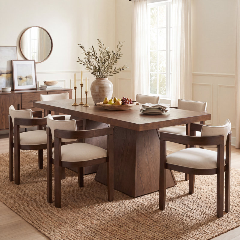 Lyddia 6-Person Contemporary Dining Set with Upholstered Rubberwood Armchair & Geometric Ash Veneer Table for Dining Room
