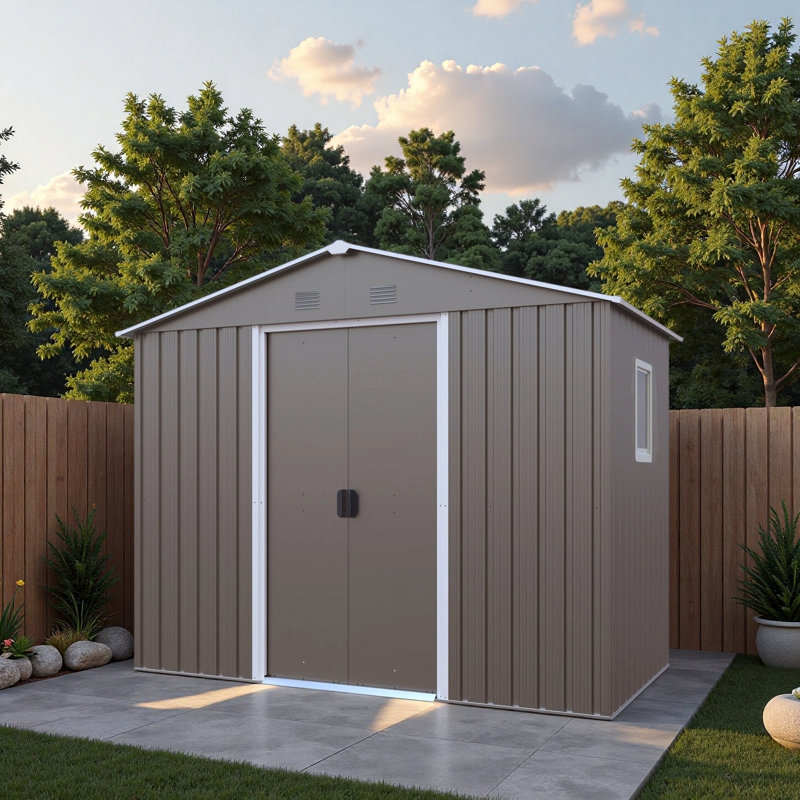 Abri de jardin en métal de 2,4 m x 1,2 m avec fenêtre, 74.91" H x 93" W x 51.57" D, brown grey