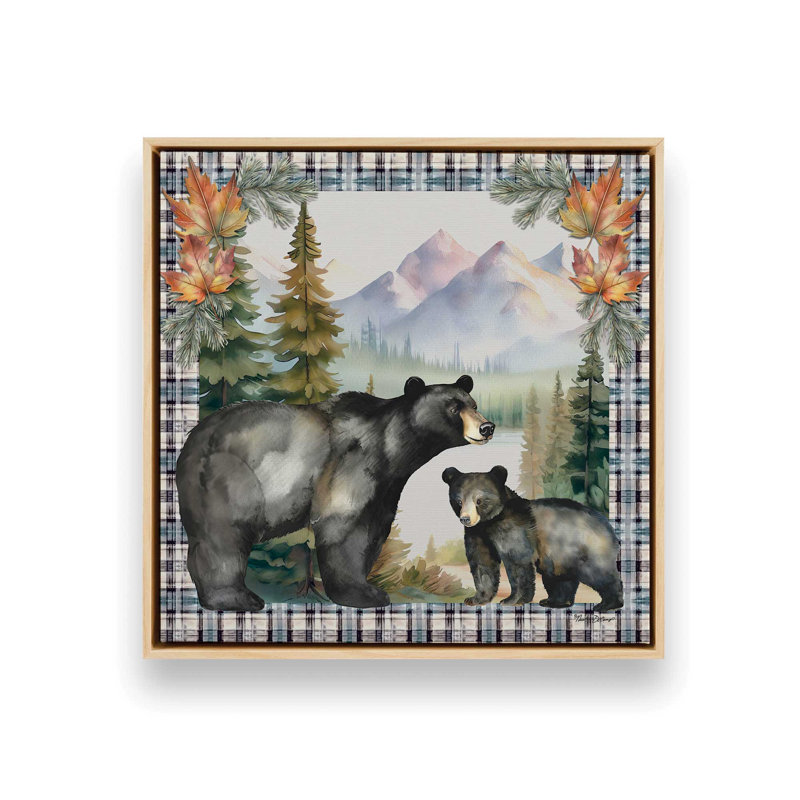 «Black Bear with Cub» par Nicole DeCamp, reproduction d'art, H 37,5 po x l 37,5 po, Érable, Toile avec cadre