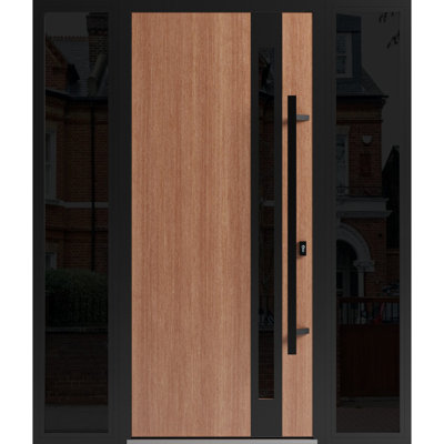 Porte avant en acier pré-suspendue à l'avant / teck Ronex 1033/2 fenêtres extérieures latérales / entrée latérale en métal peint moderne l 14 + 36 + 14 po x H 80 po à gauche