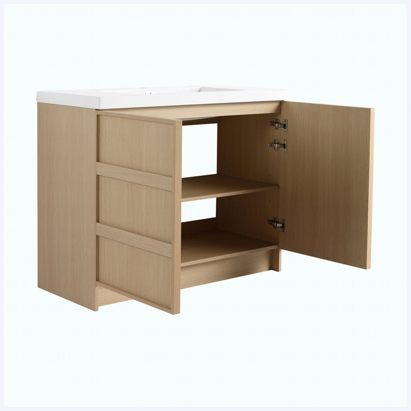 Meuble-lavabo autoportant de 42 po avec lavabo en résine, 2 portes d'armoire à fermeture en douceur, fabrication en contreplaqué, chêne Dune