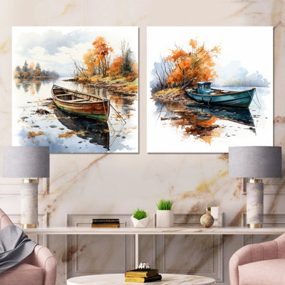 Canot d'automne au bord du lac «Autumn Tranquility» - ensemble de 2 décorations de pêche en bateau