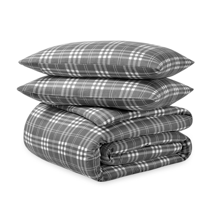 Flannel Duvet Cover and Sham Set, King Duvet Cover + 2 King Shams, Stirling Gray/White