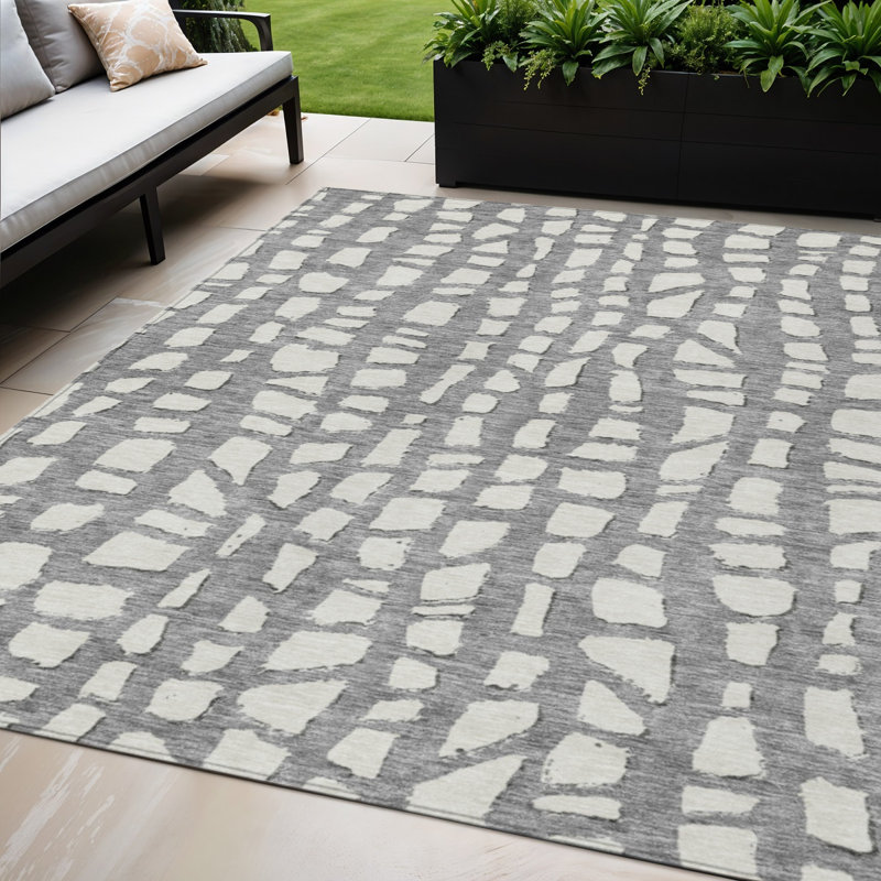 Tapis intérieur lavable abstrait gris et ivoire 5 pi x 8 pi