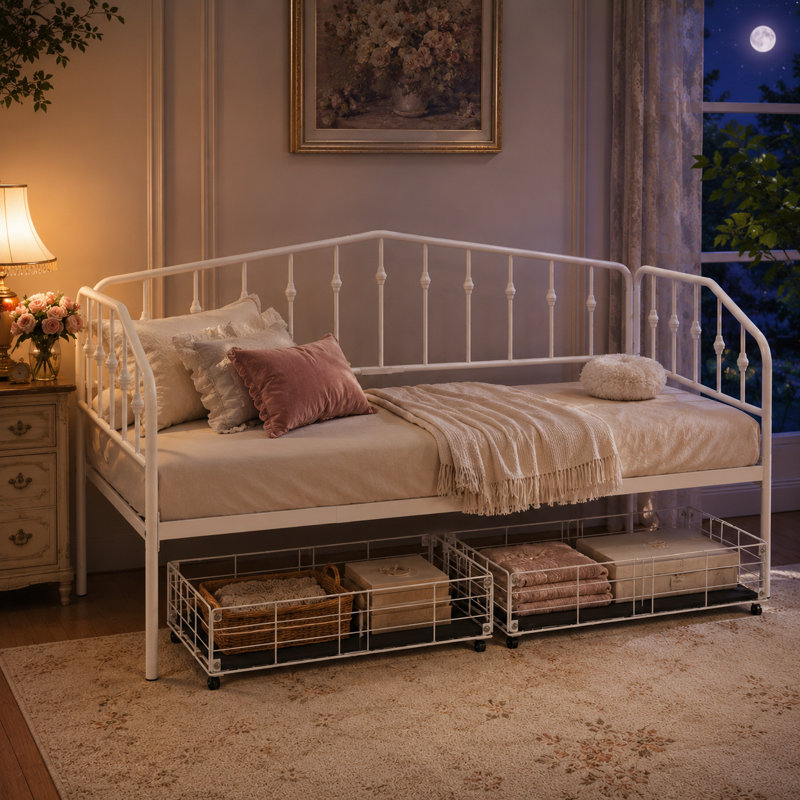 Lit double en métal avec 2 grands tiroirs de rangement, lit plateforme robuste en fer pour la chambre et le salon, Blanc