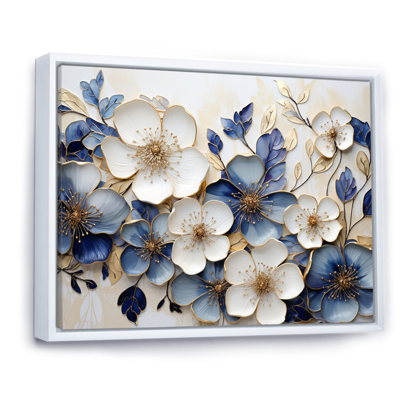 Blue And Gold Minimalism Violets, 12" H x 20" W x 1" D, White Floater Framed