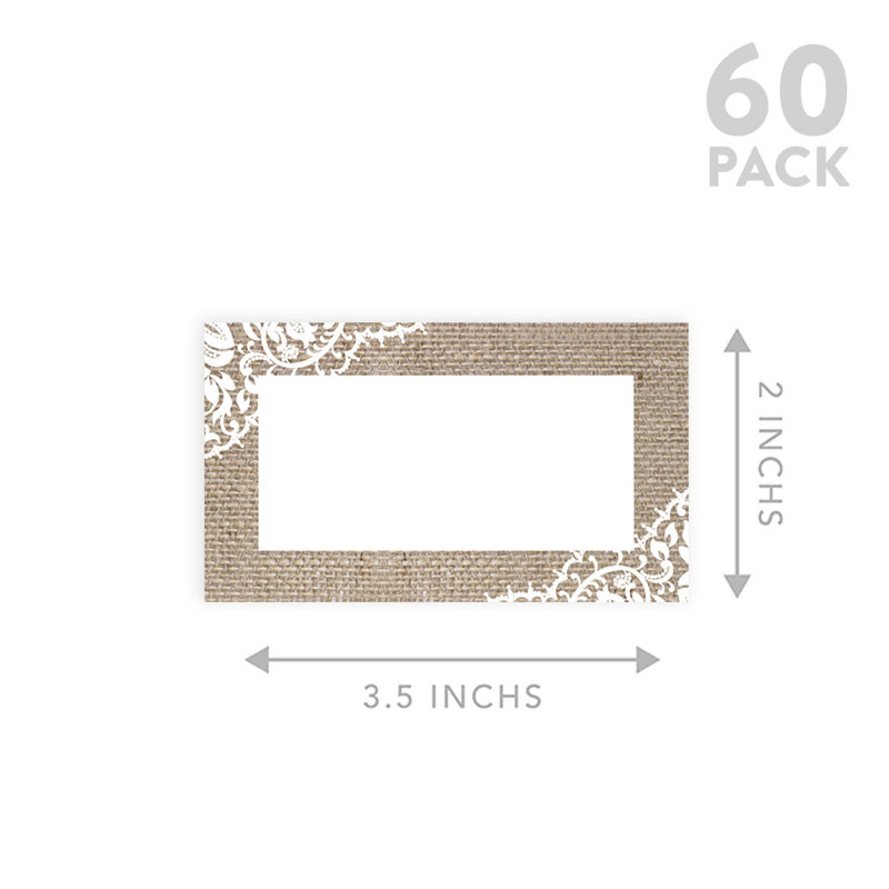 Cartes de place en toile de jute rustique et dentelle pour tables de fête de mariage, places assises nominatives pour supports, paquet de 60
