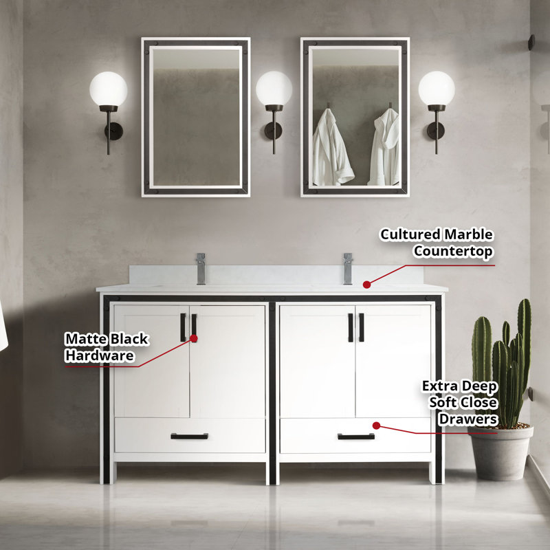 Ziva 60" White Freestanding Double Bathroom Vanity