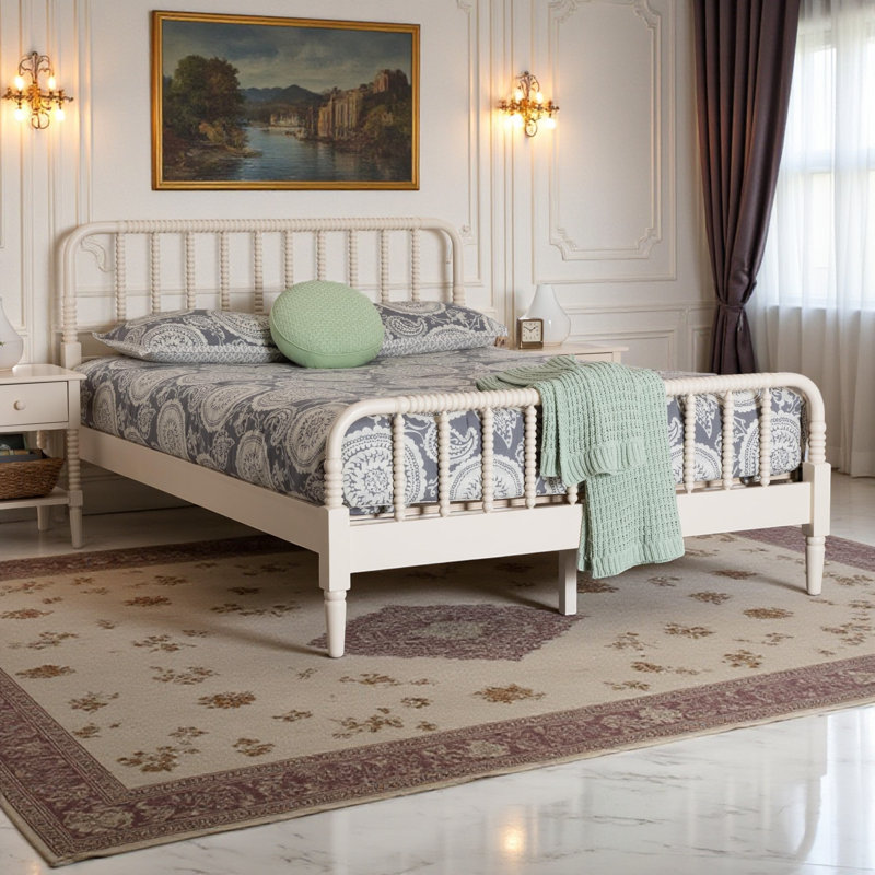 Ethereal Ivory Spindle Wood King Size Platform Bed in Farmhouse Style, 42.14'' H X 77.96'' W X 84.16'' L, King, Ivory