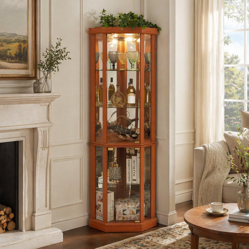 Vitrine d'angle lumineuse avec tablettes réglables, portes en verre élégantes et dispositif anti-basculement pour un affichage sécuritaire et élégant