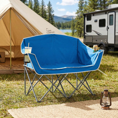 Oversized Portable Duo Camping Loveseat, Ergonomic Padded Armrests & Built-In Convenient Cup Holders, Suitable For Camping, Beach