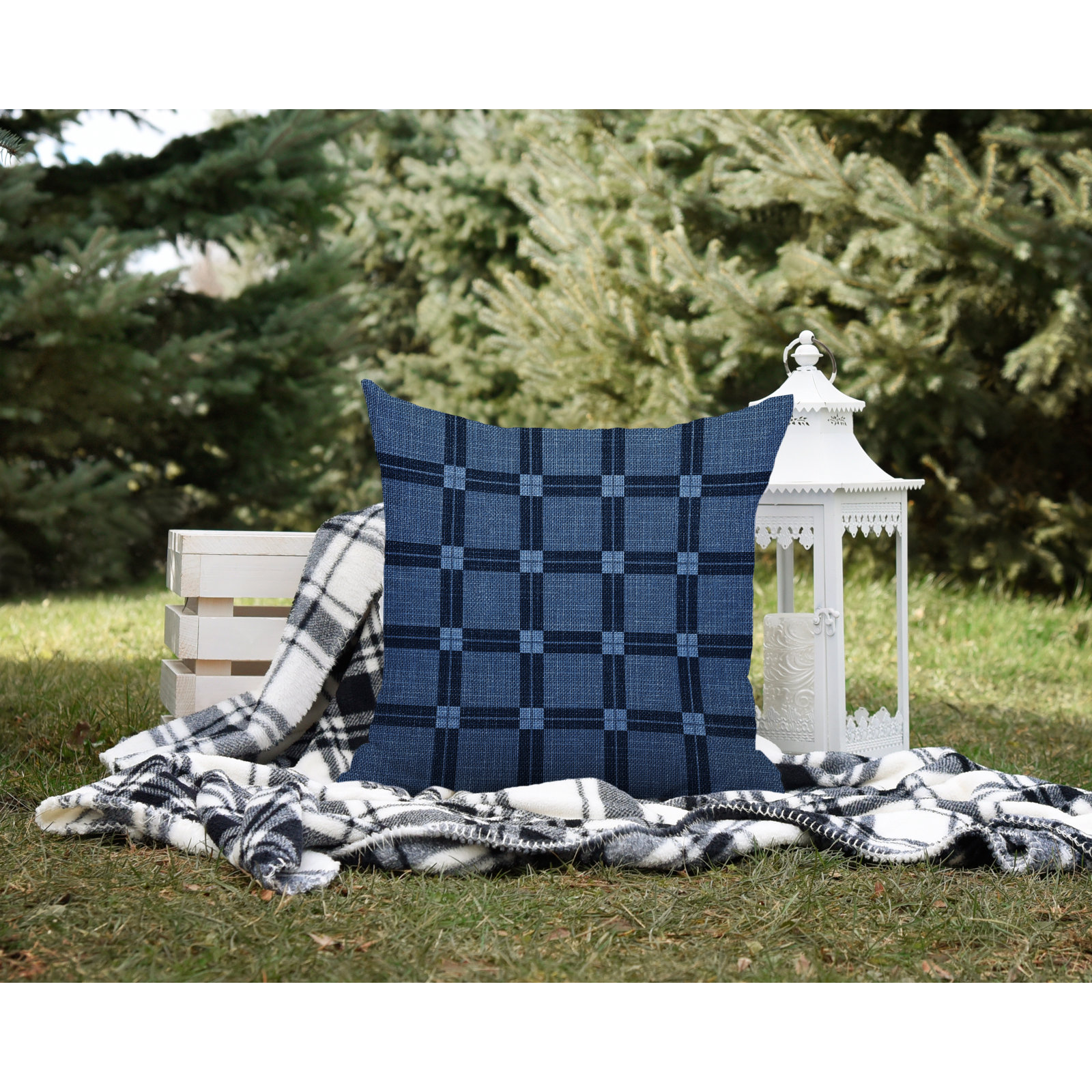 Plaid Spun Polyester Indoor/Outdoor Throw Pillow, 15" W x 15" H, Blue