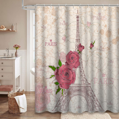 Vintage Paris Eiffel Tower Stamp Love Shower Curtain with 12 Hooks