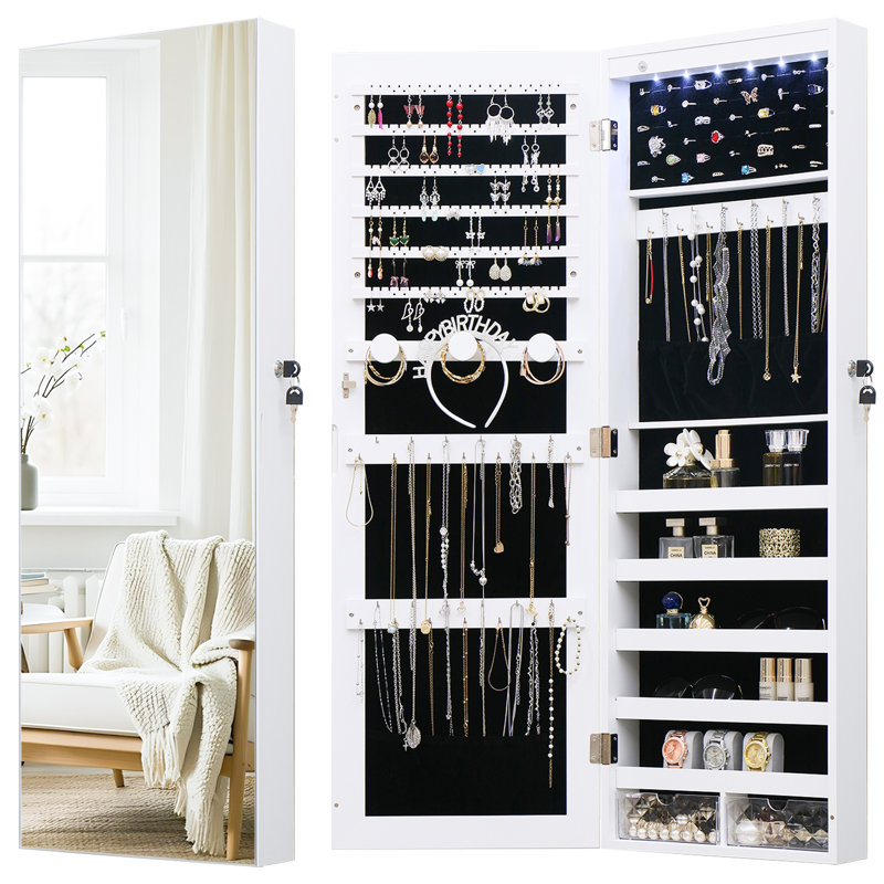 Armoire à bijoux de 14,5 po de largeur avec miroir pleine longueur sans cadre et DEL, Blanc