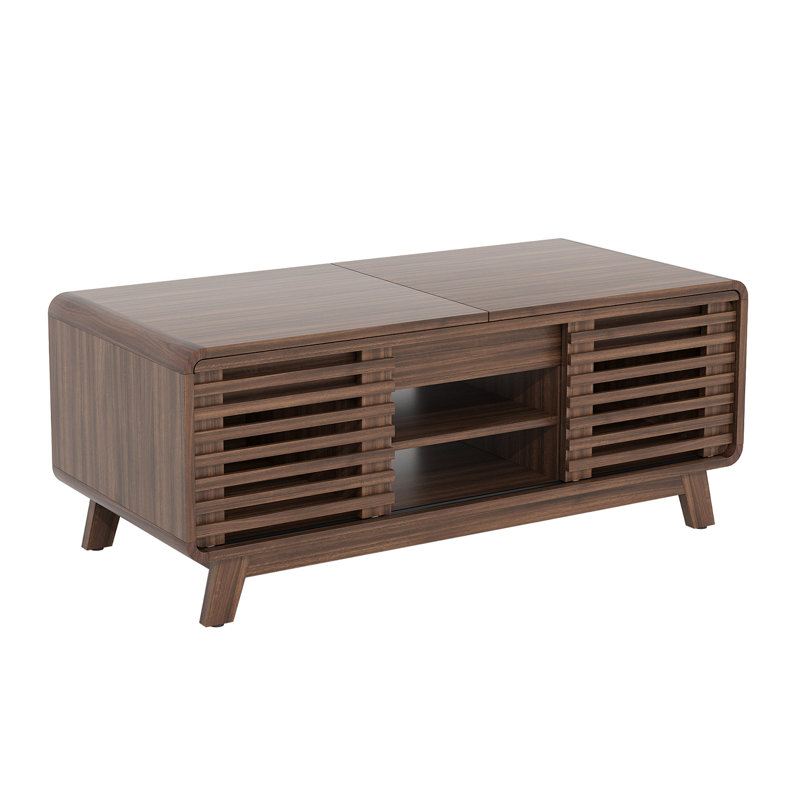 Wooden Mid-Century Coffee Table With Sliding Top, Storage, And Doors, Walnut Finish, 47 Inch | Gift Idea