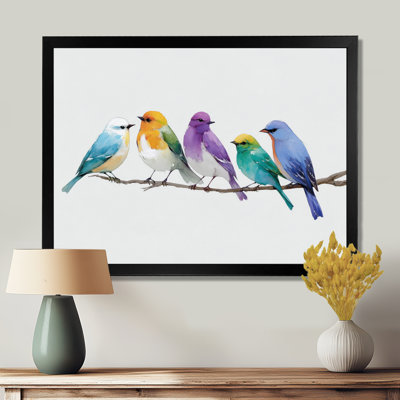 Colorful Lovebirds Singing On A Branch - Birds Framed Canvas Print, Purple Nature Wall Art