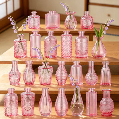 Paquet de 24 vases à bourgeons roses en vrac, mini vases en verre rétro pour centres de table, décoration de mariage, petits vases à fleurs pour la fête et la décoration intérieure