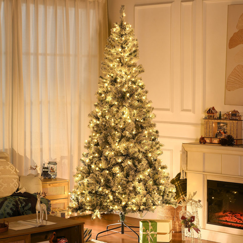 Décoration de Noël d'arbre de Noël artificielle haute 7,5 pi avec 1188 branches floquées par la neige, 500 lumières DEL blanc chaud, ouverture automatique