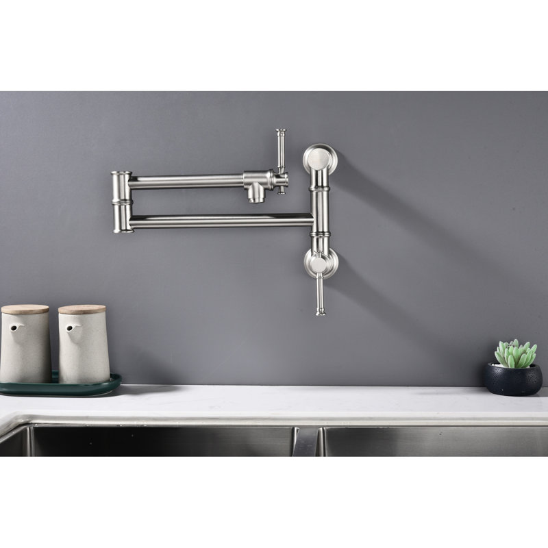Robinet remplisseur mural en laiton - moderne, deux pièces, bras pivotant pliable, nickel brossé, goutte à goutte, laiton moderne serein, deux poignées, bras pliant, corrosion, chute d'eau
