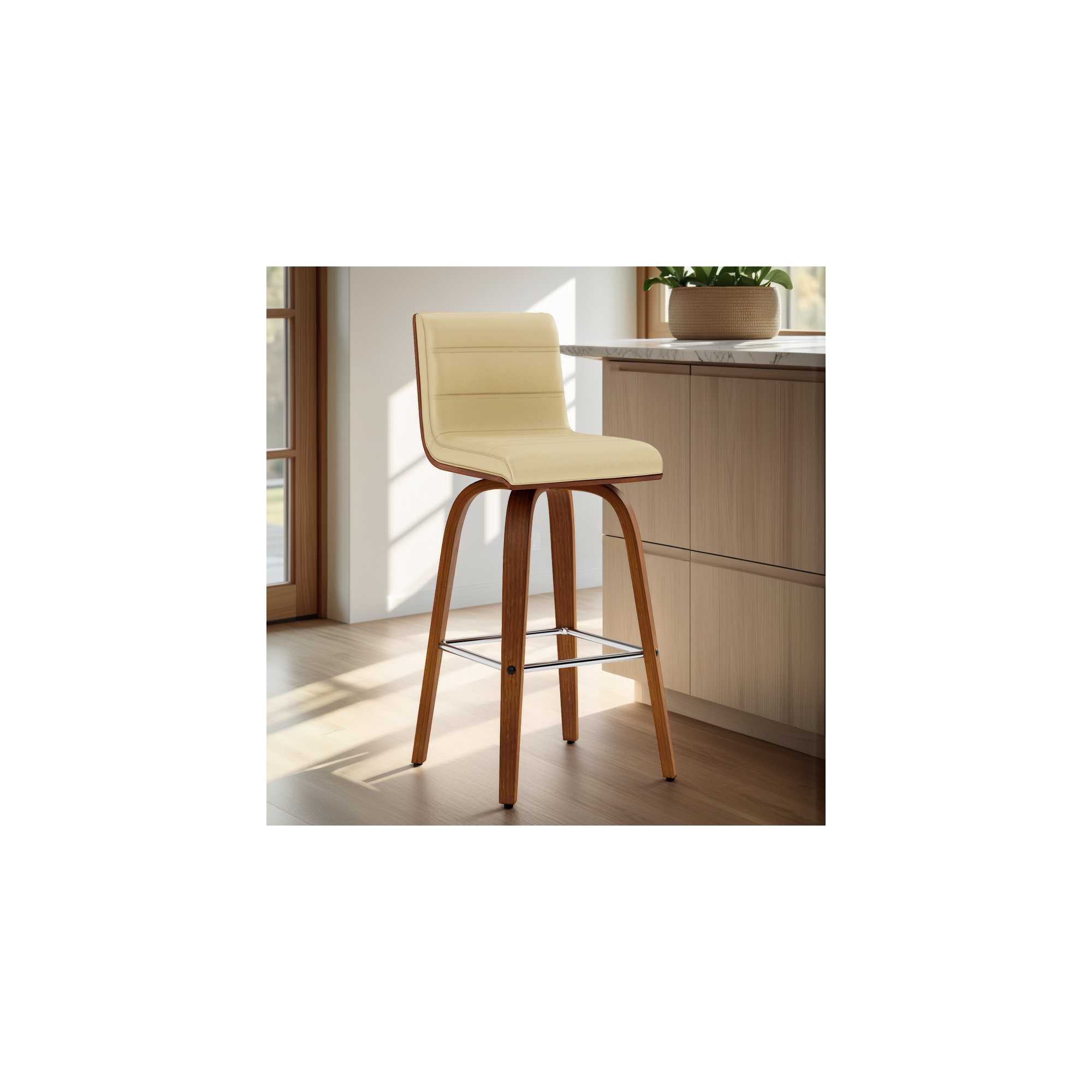 Biance Solid Wood Swivel Bar & Counter Stool, Creme Faux Leather, Walnut, Counter Stool (26" Seat Height)