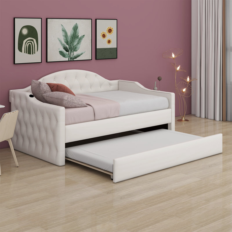 Tufted Upholstered Daybed With Trundle, With USB&Type-C Charging Ports, Beige