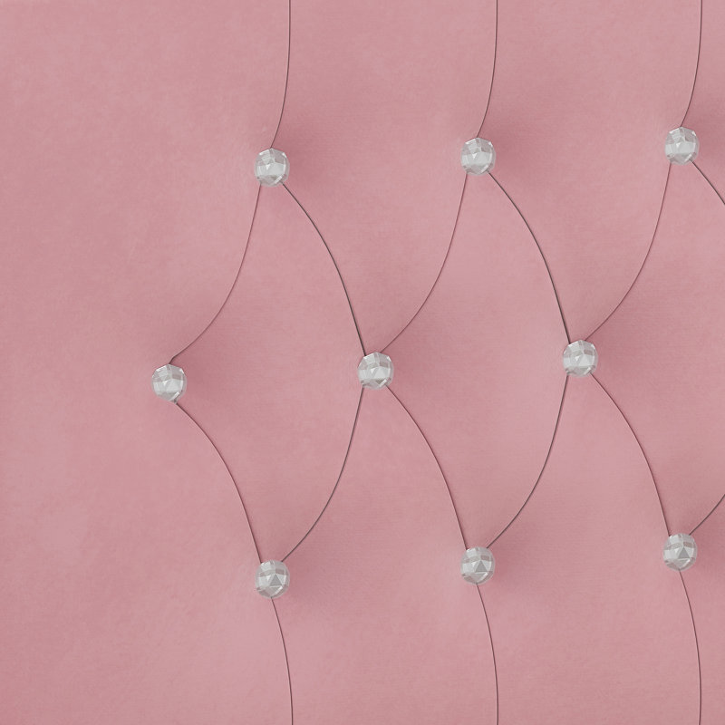 Grand lit rose avec revêtement, boutons en cristal, tête de lit à oreilles et rangement rembourré de grande taille, rangement pour utilisateur, rosé