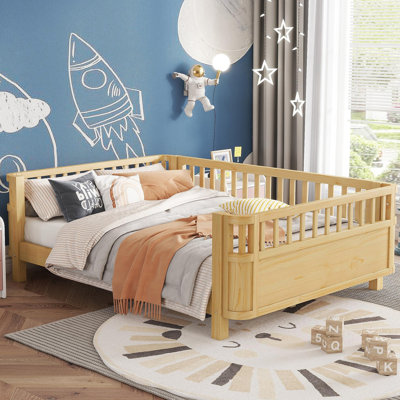 Lit plateforme double en bois pour enfants, lit double en bois à profil bas avec rails pour filles et garçons, naturel