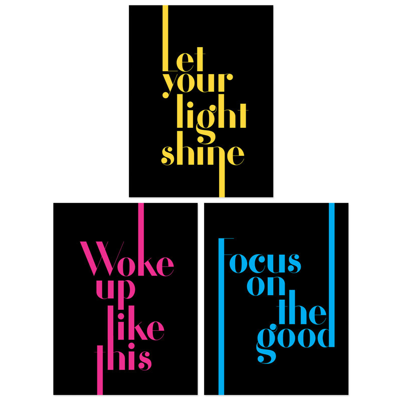 Neon Light Shine Woke Up Like This Focus Motivational Fun Quote - 3 Piece No Frame Print Set, 40.5cm H x 30.5cm W x 0.3cm D