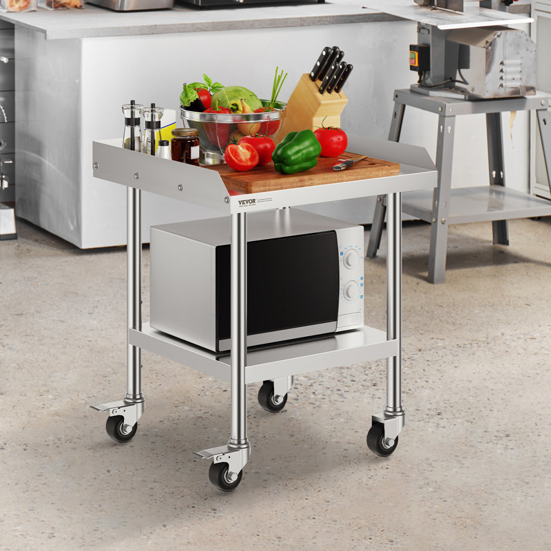 Table de travail en acier inoxydable, 61 x 61 x 76 cm, table de préparation alimentaire commerciale avec 4 roulettes, dosseret sur 3 côtés, table de préparation robuste, roulettes, table de travail en métal pour restaurant, maison, hôtel