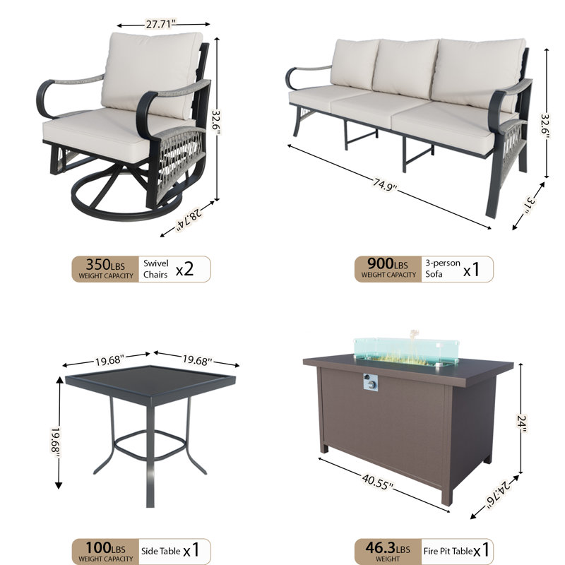 5 Pieces Outdoor Furniture Set With Fire Pit Table, Modern Rope Patio Conversation Sofa Set With Rocking Swivel Chairs And End Table, Beige Cushions
