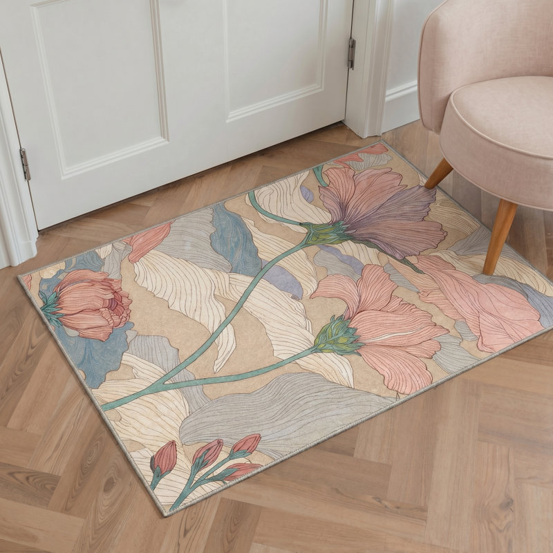 Botanique Floral Machine Washable Beige / Pink / Blue / Green Indoor Area Rug with Non-Slip Backing, Rectangle 6' x 9'