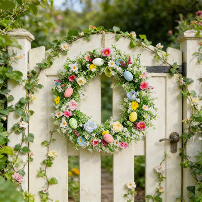 Couronne de marguerite de 16,5 pouces avec œufs de pâques pour la porte d'entrée, couronne florale avec baies pour l'intérieur et l'extérieur, Pâques