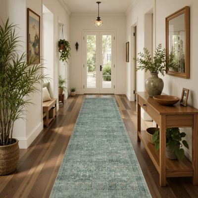 Runner Rug, 2x8 Washable Vintage Floral Rug, Moss Green