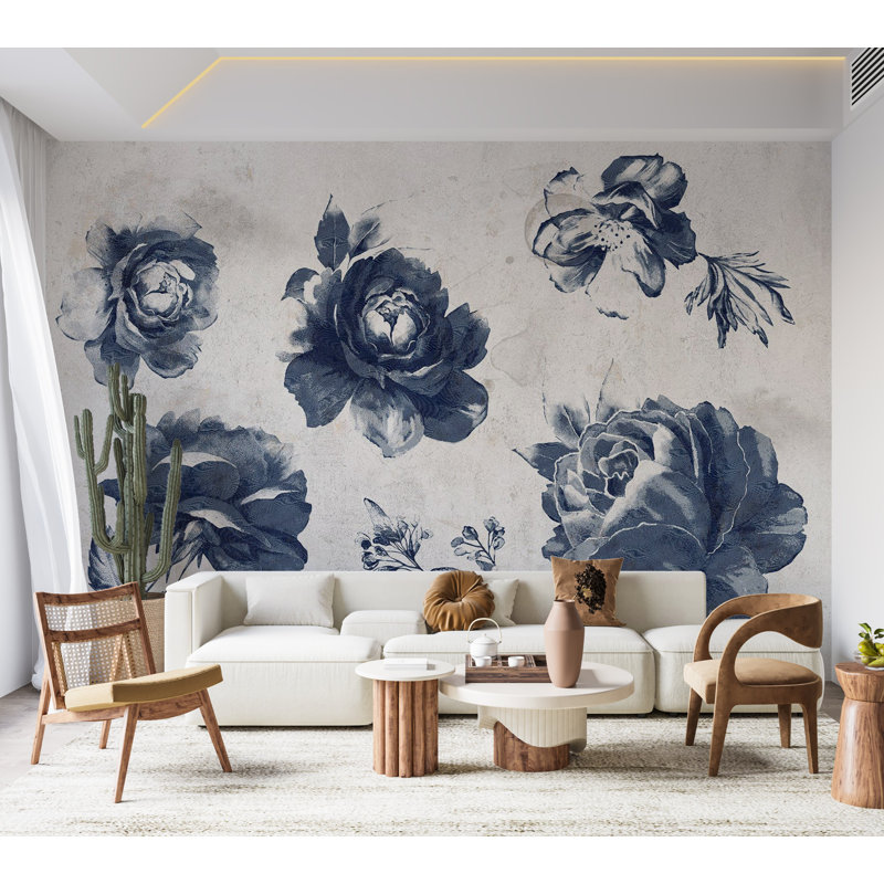 Adhésif mural floral pelez et collez - Jardin des souvenirs - bleu, L 41 po x l 57 po